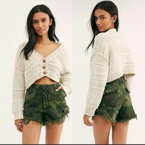 Free People Commander Cutoff Camo Khaki Combo Print Green Shorts